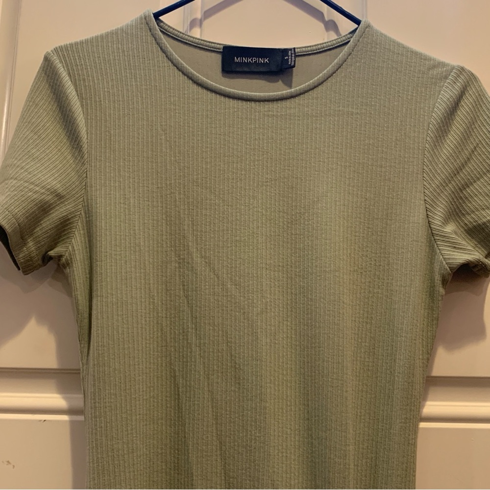 MINKPINK Sage Green Ruched Bodycon Midi Dress Size S - Picture 2 of 9